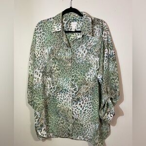 Chico's Womens Large‎ Shirt Button Up Green White pattern BlouseTop 3/4 sleeve